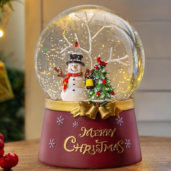 Christmas Glass Snow Globe Glitter Spinning Water Lantern Lighted Musical Snowman with Holiday Tree Scene, 6H Timer Battery & USB Powered Light for Home Decoration