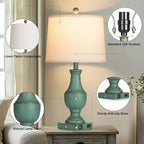 Farmhouse Table Lamp Set of 2, Rustic Touch Control 3-Way Dimmable Lamps with USB A+C Charging Ports & AC Outlet, Vintage Retro Antique Bedside Lamp for Living Room Bedrooms Nightstand Green
