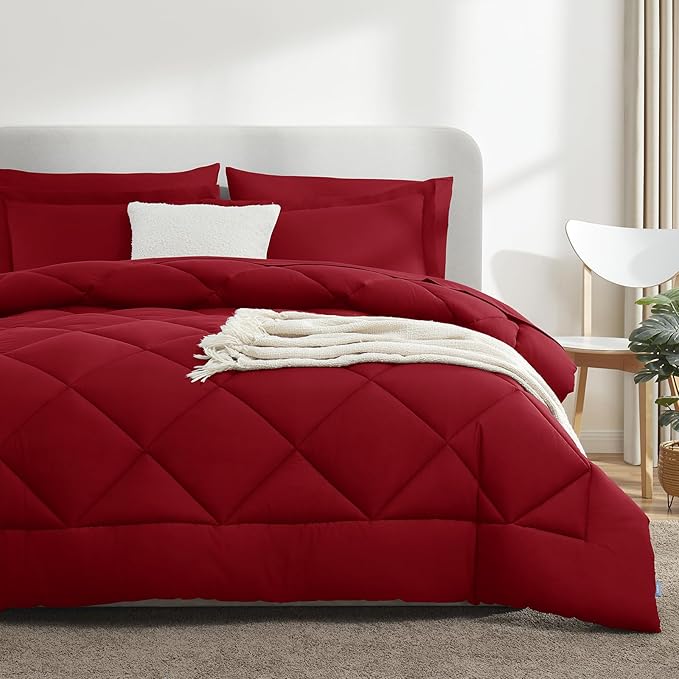 CozyLux Queen Comforter Set Dark Red - Bed in a Bag Queen Size 7 Pieces, Luxury Soft Bed Set for All Seasons, Bedding Set with Down Alternative Comforter, Sheets, Pillowcases & Shams