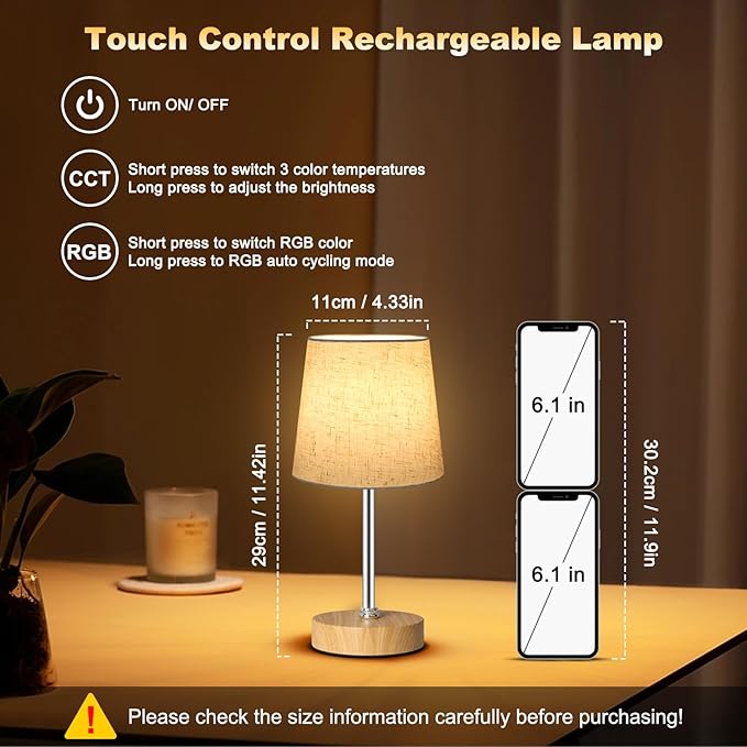Small Cordless Table Lamp,5000mAh Rechargeable Battery Operated Desk Lamp,3 Colors & 7 RGB Stepless Dimmable, Portable Touch Bedside Night Light for Patio Restaurant Home,Wood Base,Flaxen Shade