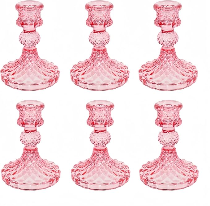 Glass Candlestick Holder,Striped Taper Candle Holders,Set of 6 Candle Stand for Table Centerpieces, Home Decor,Weddings,Festival and Parties (Peach Red Dimond)