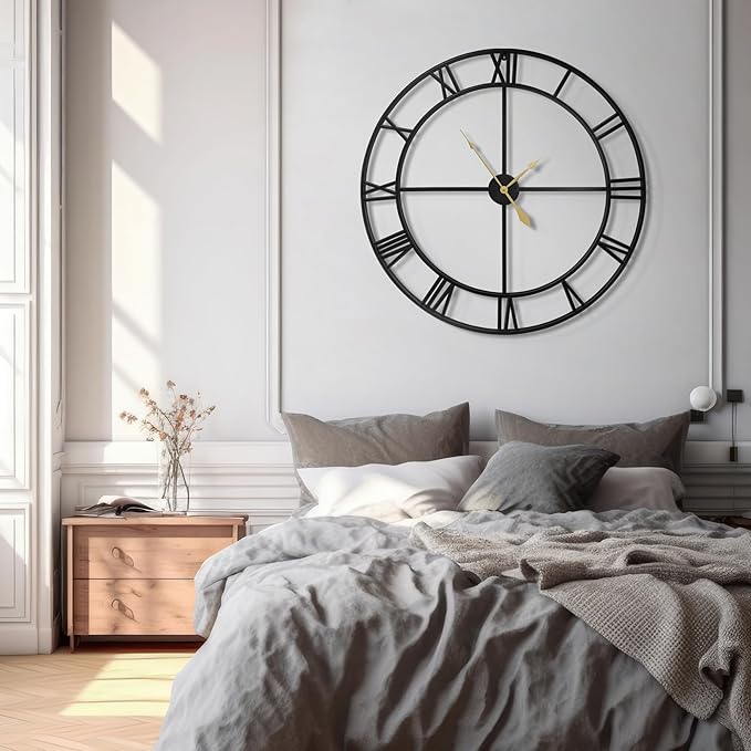 LEIKE 40 Inch Extra Large Modern Wall Clock, Oversize Rustic Round Nearly Silent Battery Operated, Black Metal Roman Numerals Wall Clocks for Living Room, Bedroom, Entrance Home Decor