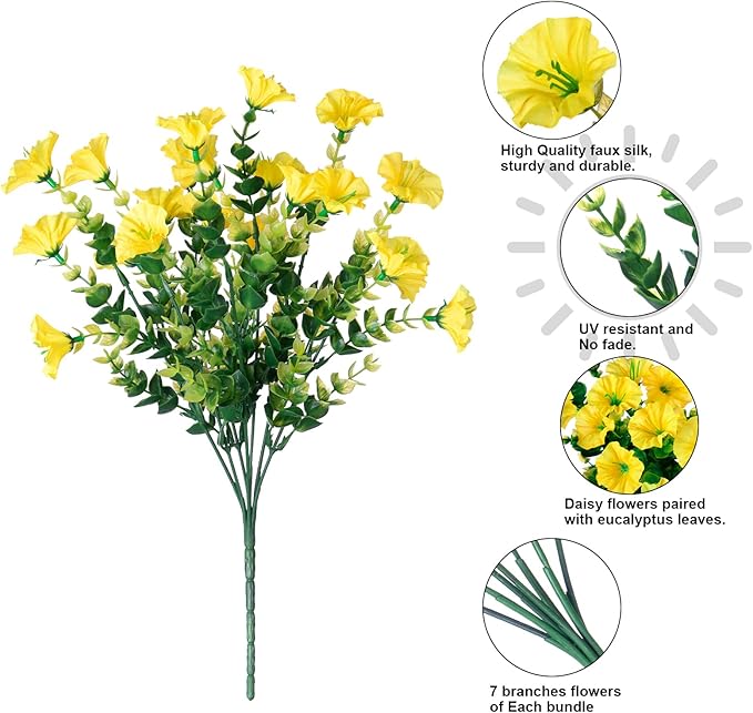 Artificial Mums for Outdoors Fake Fall Flowers Plants for Autumn Decoration, 12 Bundles Silk Morning Glory with Eucalyptus Look Real UV Resistant Yellow Faux Mums for Outside Planters Front Door Yard