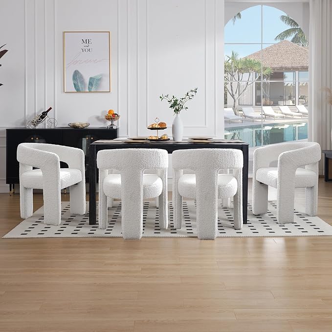 White Boucle Dining Chairs Set of 2, Modern Barrel Dining Room Chairs Upholstered Faux Fur Accent Chair with Arms and Round Back for Living Room Kitchen Armchair No Assembly Needed