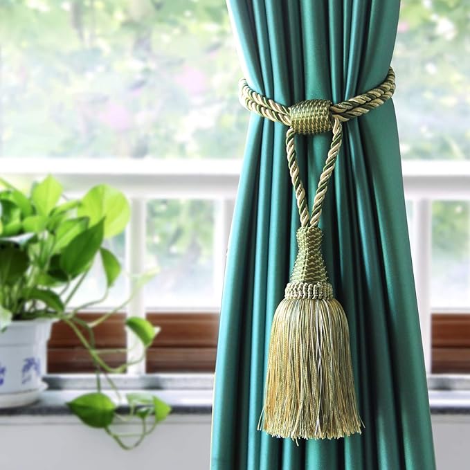 Fenghuangwu Curtain Tiebacks Handmade Elegant Curtain Tie Backs Holdbacks with Tassel for Home Office Decor 2 Pack - Green