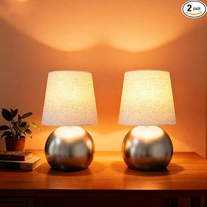 Set of 2 Small Silver Spherical Base Bedside Table Lamp with Textured Linen Shade (Bulb Included)