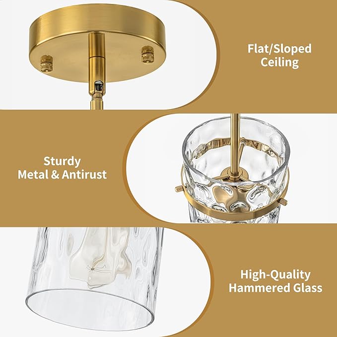 Brass Hammered Hand-Blown Glass Pendant Light, Pendant Lights Kitchen Island Vintage Kitchen Island Lighting Gold Pendant Light Fixtures Dining Room Light Island Lights Pendant Lighting 1 Pack