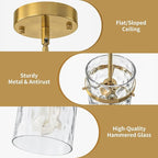 Brass Hammered Hand-Blown Glass Pendant Light, Pendant Lights Kitchen Island Lighting Gold Pendant Light Adjustable Brass Pendant Light Fixtures Dining Room Farmhouse Chandelier 2 Pack