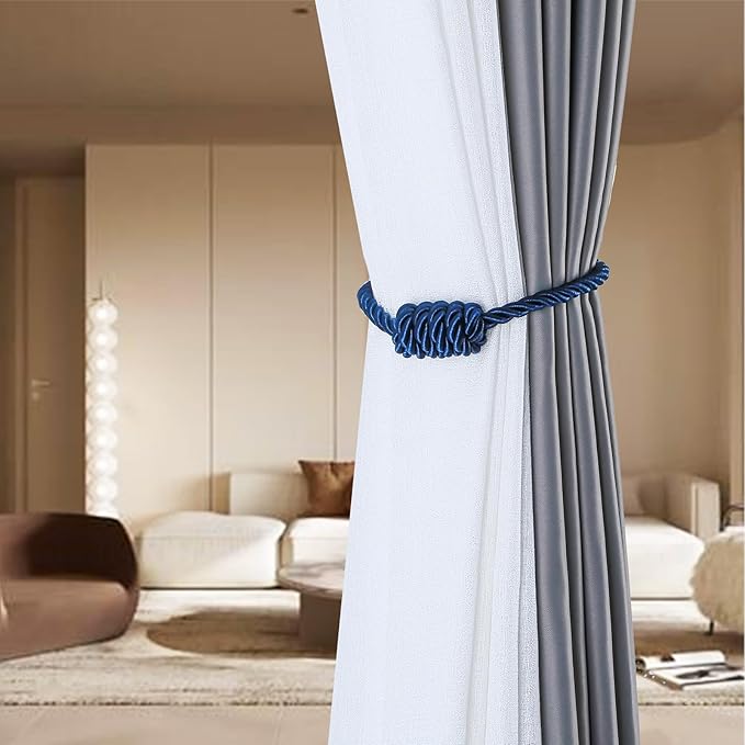 Fenghuangwu 4Pack Magnetic Curtain Tiebacks – Bohemian Style Handmade Woven Tie-Backs for Drapes,Elegant Exquisite Knot Holdbacks,Outdoor Boho & Modern Home Decor(Navy)