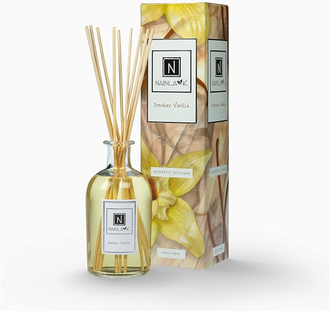 Nabila K Smokey Vanilla Reed Diffuser Set – Warm Fruity & Woodsy Aromatic Oil for Home – Long-Lasting, Smokeless Scent – Made in USA – Includes Reeds + Bottle – Flameless Candle Alternative