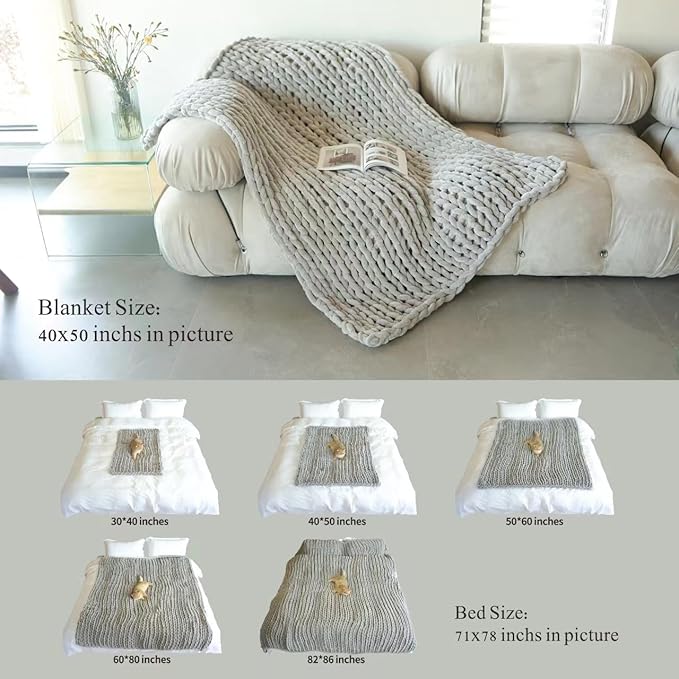 Maetoow Chenille Chunky Knit Blanket Throw （40×50 Inch）, Handmade Warm & Cozy Blanket Couch, Bed, Home Decor, Soft Breathable Fleece Banket, Christmas Thick and Giant Yarn Throws, Baby Blue