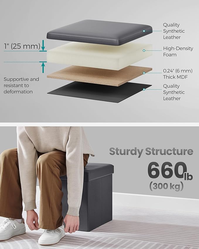 SONGMICS Mazie Collection - 15 Inches Ottoman with Storage, Footstool, Storage Ottoman, Load 660 lb, for Dorm, Living Room, Bedroom, Synthetic Leather, Dark Gray ULSF010G01