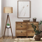 Boho Tripod Floor Lamp with Shelves, Mid Century Wood Standing Lamp with Rattan & Fabric Shades, ON/Off Foot Switch, Modern Farmhouse Tall Floor Lamps for Living Room Bedroom Office