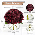 Hollyone Dark Red Fall Hydrangea Artificial Flowers for Decoration in Glass Vase Autumn Silk Faux Flower Arrangements with Faux Water Table Centerpiece Vase with Fake Flowers Fall Decorations for Home