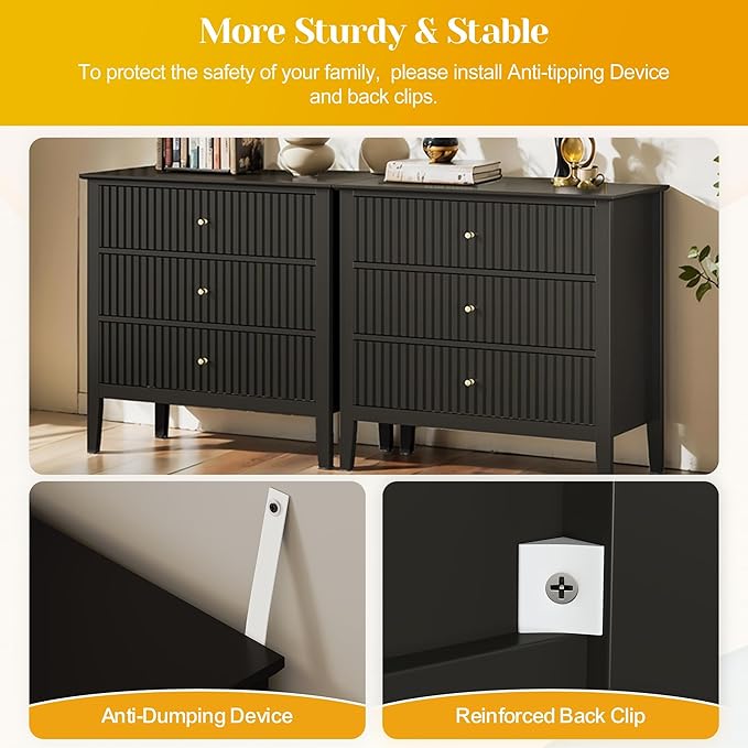 Large Black Fluted 3 Drawer Dresser Set of 2, Chest of Drawers with Ball Bearing Slide Modern 30 inch Tall Wood Nightstand with Spacious Storage for Bedroom Hallway Living Room Entryway