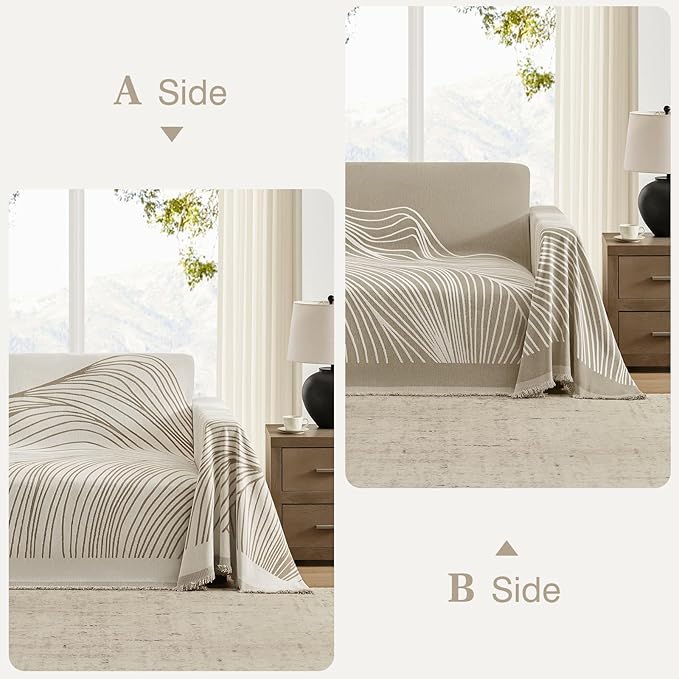 Boho Couch Cover Washable Sectional Couch Covers for Dogs Reversible Sofa Slipcover for 2 or 3 Cushion Couch Pet Friendly Furniture Protector (1# Khaki, 71" x 150")