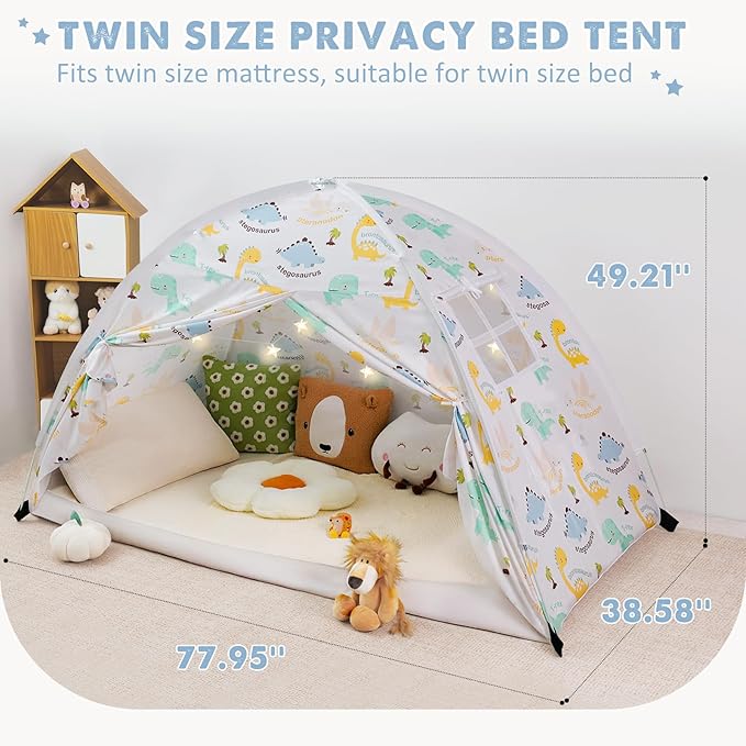 Twin Bed Tent for Kids, Twin Size Bed Canopy with Star Lights, Privacy Space Blackout Sleeping Tents, Indoor Breathable Portable Toddler Bed Tent for Boys and Girls, Dinosaur