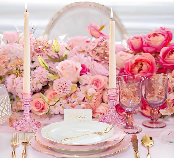 Glass Candlestick Holder,Striped Taper Candle Holders,Set of 6 Candle Stand for Table Centerpieces, Home Decor,Weddings,Festival and Parties (Peach Red Stripe Pattern)