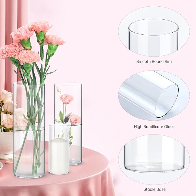 20 Pack Clear Glass Vases for Centerpieces, Cylinder Vase Set, 4,6,8,10,12 Inch Tall Flower Vase for Home Decor, Flower Vase for Table Decorative & Hurricane Floating Candle Holders