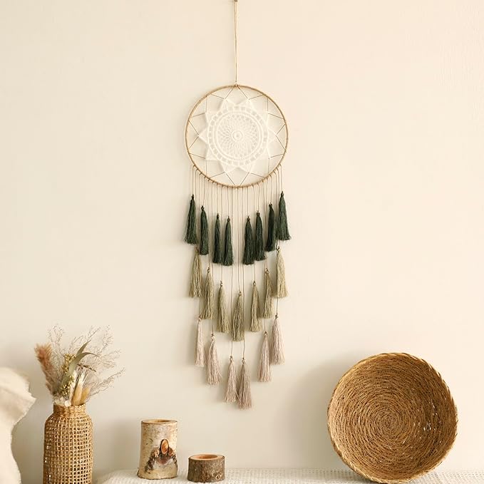 Macrame Dream Catcher Wall Hanging - Large Dreamcatchers Boho Chic Wall Decor, Handmade Tassels Ornament Colorful Room Decor for Bedroom, Blessing Gift for Girls Kids Women (Dark Green Mix)