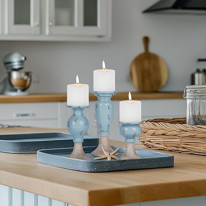 Sziqiqi Farmhouse Coastal Candle Holder: Pillar Candle Holders for Living Room Bathroom - Beach Candle Stand for Table Centerpieces Rustic Candleholder Set of 3 Ocean Decor for Fireplace