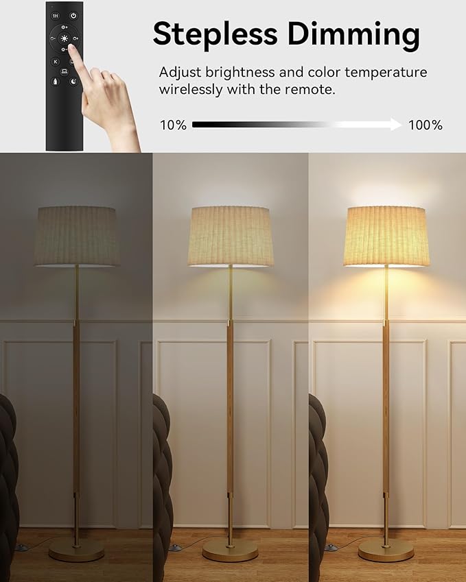 JOOFO Mid-Century Modern Wood Floor Lamp with Dual Fabric Shade, Remote Control, Dimmable & Adjustable Color Temperature, Reading & Living Room Lamp, Easy Clean Cover, Foot Switch