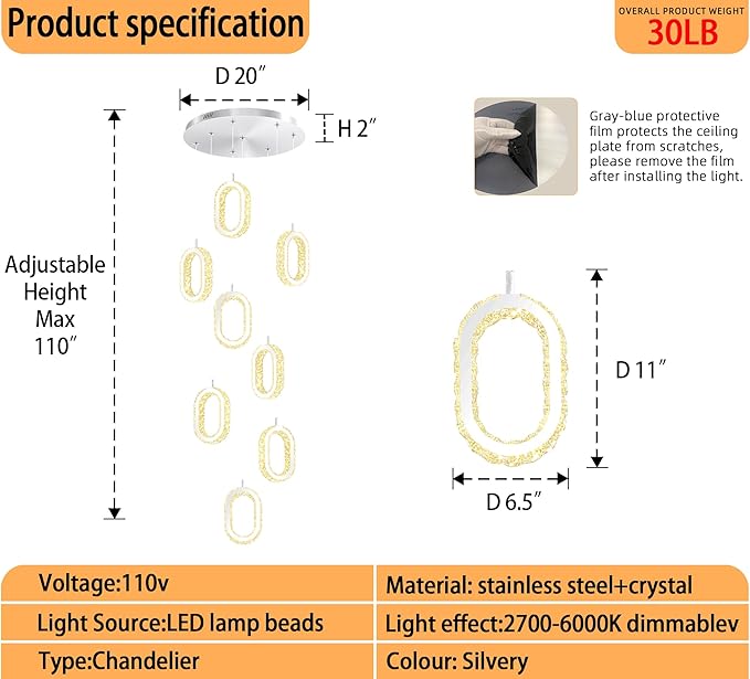 Silver 8 Rings Crystal Chandelier for Foyer Stairwell High Ceiling Chandelier Dimmable Oval Crystal Ring Pendant Light