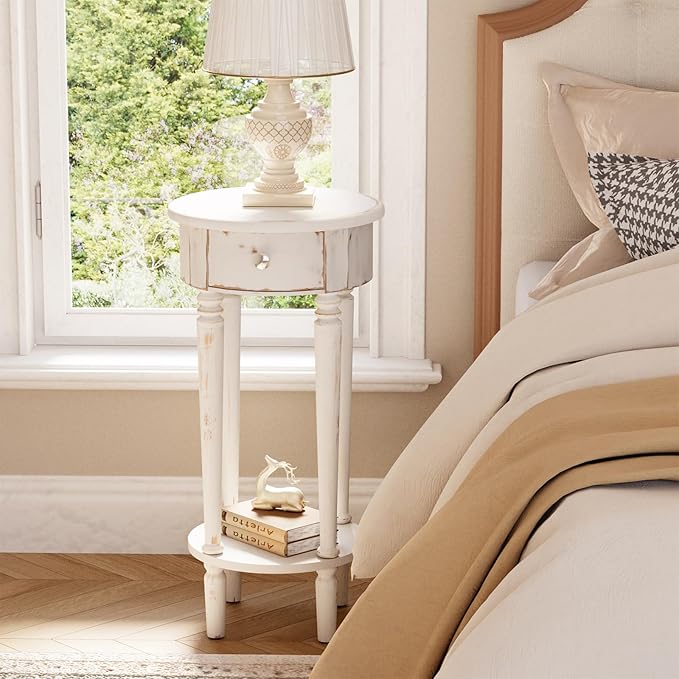 HOMPUS Farmhouse End Table Set of 2, Rustic Vintage Night Stand Set 2, Small White End Table with Drawer, Fully Assembled Narrow Wood Nightstand, Accent Bedside Table for Bedroom, Distressed off-white