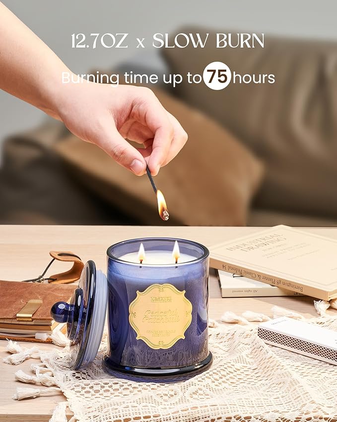 M&SENSE Patchouli Candles for Home Scented, Organic Soy Candles Non Toxic, Relaxing Aromatherapy Candles for Bathtub Spa Meditation, 2 Wick 12.7oz Large Candle 75 Hour Long Lasting,Father Gift