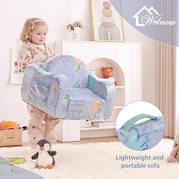 Welnow 2-in-1 Kids Sofa Chair, Convertible Toddler Chair Flip Out Children Sofa Chair with Wave Armrests Folding Kids Play Sofa with Side Pockets & Removable Cover Armchair for Girl or Boy