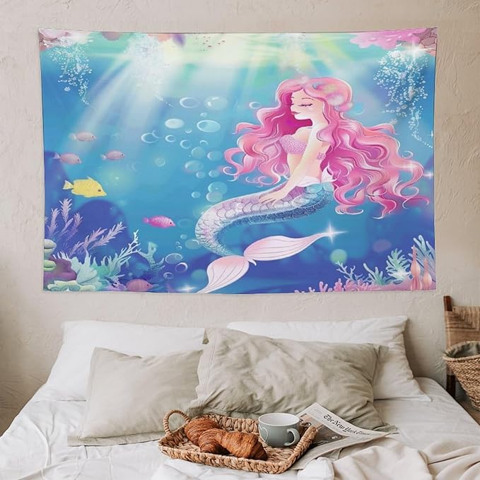 HZOHNAGO Mermaid Girls Tapestry Watercolor Mermaid Princess Pink Hair Pattern for Kids Room Decoration Printed Wall Tapestry Wall Hanging for Bedroom Living Room Dorm 60" W x 40" H