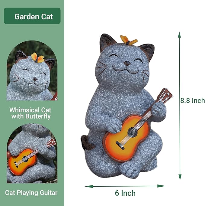 Cat Garden Statue Outdoor Decor, Cat Sculpture with Guitar and Butterfly for Yard Lawn Patio Balcony, Birthday Housewarming Gifts for Mom, Grandma, Women, 8.8 inch, Resin