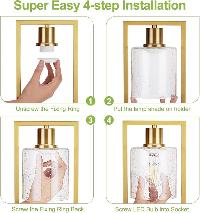 16" Set of 2 Gold Industrial Table Lamps with USB A+C Charging Ports and AC Outlet, Fully Stepless Dimmable Bedside Lamps with Seeded Glass Shade for Bedroom Living Room Office, LED Bulbs Included