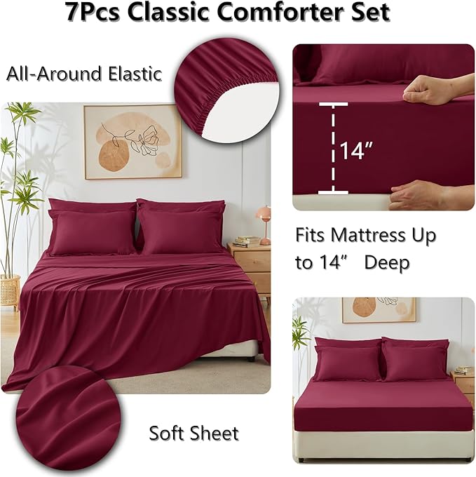 CozyLux Full Size Comforter Sets Burgundy - 7 Pieces Bed in a Bag Full, Luxury Soft Bed Set for All Seasons, Bedding Set with Down Alternative Comforter, Sheets, Pillowcases & Shams, Red