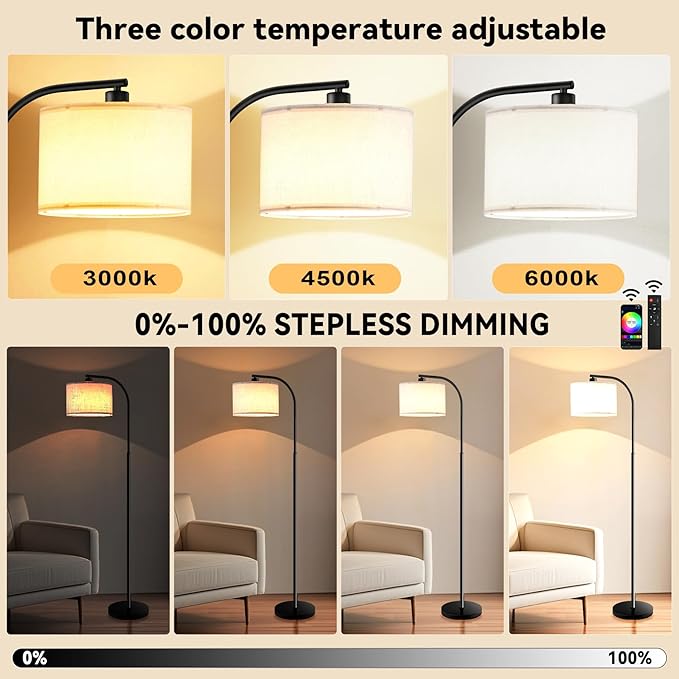 Floor Lamp for Living Room with Remote,Dimmable Tall Standing Lamps,Modern Floor Light with Smart RGB Bulb,App Control,3 Color Temperatures,Fabric Shades,Gold Floor Lamp for Bedroom Office Corner