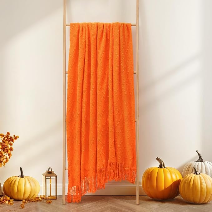 inhand Fall Throw Blanket Burnt Orange Halloween Decor for Couch, Soft Living Room Home Decor Knitted Blanket, Outdoor Lightweight Autumn Blanket, Farmhouse Warm Fall Decoration Indoor, 50"x60"