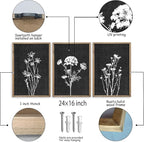 Flower Plant Wall Art Decor 24"x16" Set of 3 Black And White Botanical Painting Wood Framed For Minimalist Bedroom Office Rustic Living Room Abstract Wildflower Sign Hanging (Wood Black)