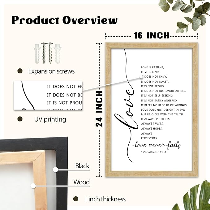 FZMHASLWW Love Is Patient Kind Wall Decor 24"×16" Love Never Fails 1 Corinthians 13 Bible Verse Sign Large Wood Framed Wall Hanging Art (Wood)