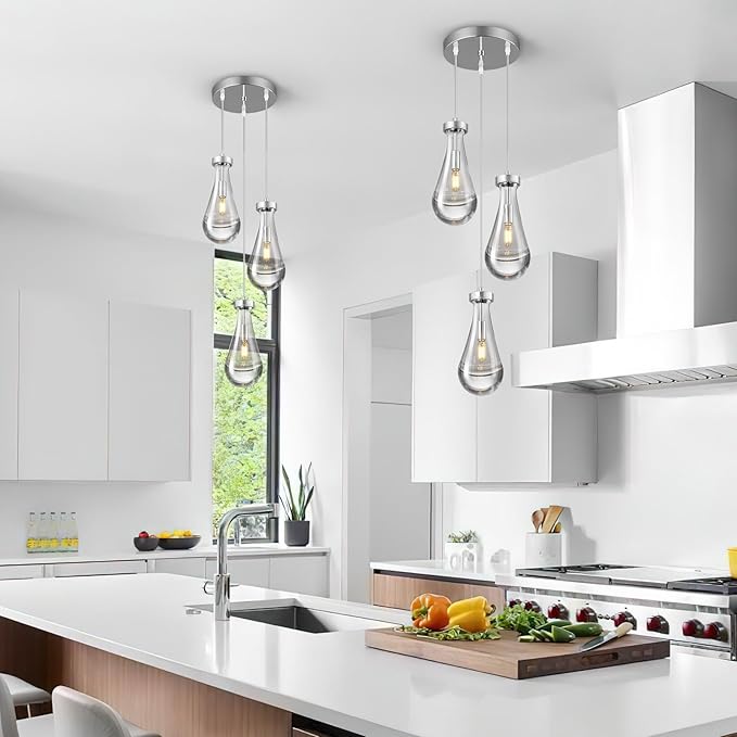 Raindrop Pendant Lights Kitchen Island Teardrop Chrome Hanging Light Fixtures Clear Solid Glass Pendant Light Modern Chandeliers for Dining Room Porch Corridor Living Room(3-Light)