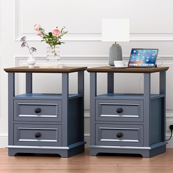 18" Wide End Table with Fast Charging Station Set of 2, 18” Wide Sofa Side Table with Drawers,End Table with Drawers for Living Room,Blue