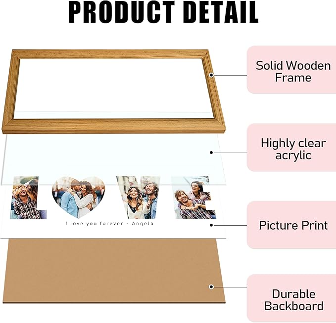 Gifts for Him/Her - Personalized Photo Frame with LOVE Letters Design, Natural Wood, Wall Mount or Tabletop Display, Gifts for Boyfriend Girlfriend Anniversary Birthday Valentine's