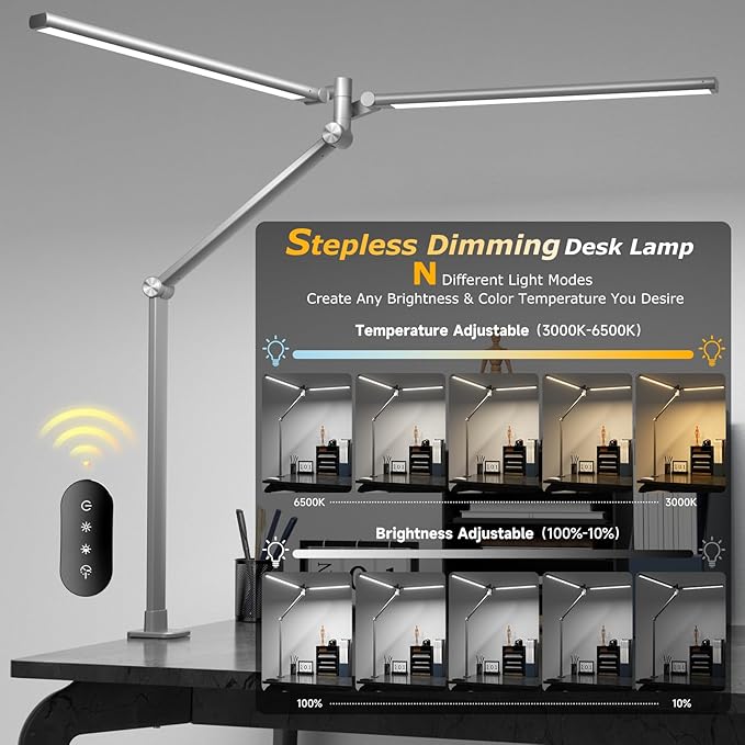 LED Desk Lamp for Home Office, Eye Caring Architect Desk Light with Remote, Dual Screen Computer Monitor Light with Stepless Dimming, Stepless Color Temp, Memory Function for Study, Workbench Grey