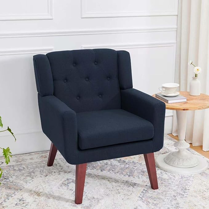 Accent Chairs Set of 2, Button-Tufted Upholstered Living Room Chairs Set of 2, Comfy Reading Chair Mid Century Modern Chairs with Linen Fabric Lounge Arm Chairs for Bedroom (Navy Blue)