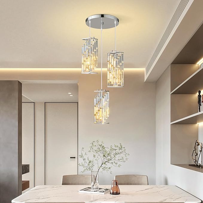 Chrome Pendant Lighting Modern Pendant Light, Mini Crystal Chandeliers,Adjustable Pendant Light Fixture for Kitchen Island Dinning Room Bedroom (3 Light)