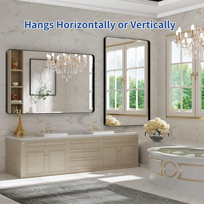 WEER 48X30 Inch Black Metal Framed Bathroom Mirror, Matte Black Bathroom Vanity Mirror, Rectangular Black Wall Mirror for Bathroom, Tempered Glass, Rounded Corner, Hangs Horizontal or Vertical