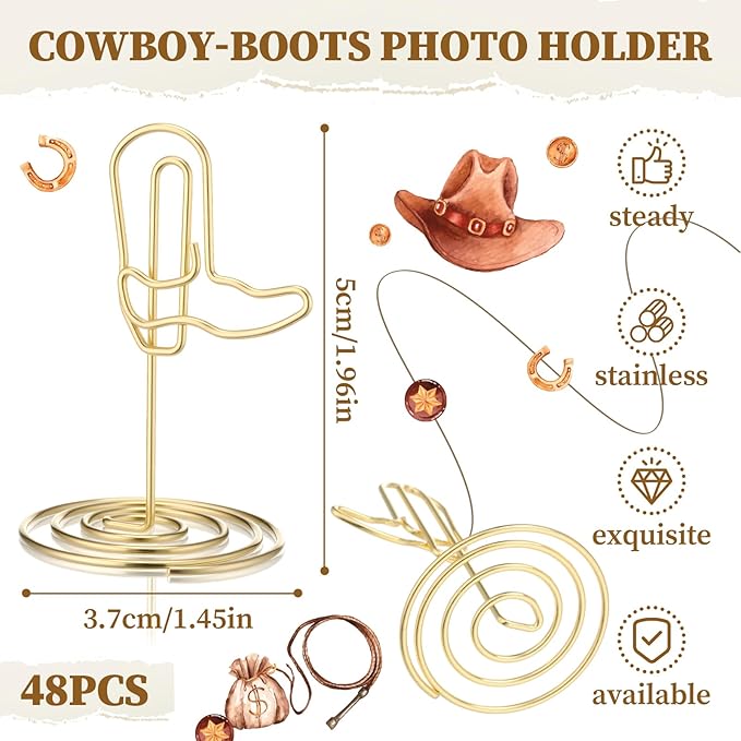 48 Pcs Gold Cowboy Boots Photo Holders Table Number Photo Clips Holder Cowboy Boots Decoration Name Place Card Stand for Centerpieces Wedding Reception, Party, Birthday