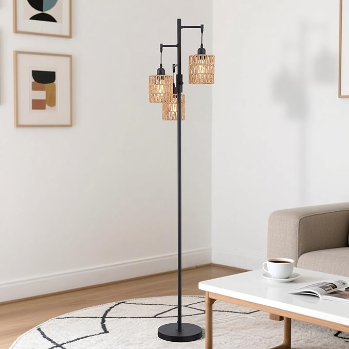 Rattan Floor Lamp for Living Room with 3 Lights,Boho Standing Lamps with Rattan Shades, Rustic Black Vintage Standing Light 70" Tall Tree for Office, Reading, Corner, Blub Included