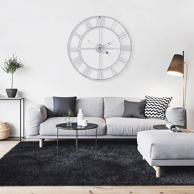 LEIKE 32" Large Modern Wall Clocks,Vintage,Round,Nearly Silent,Little Ticking,Battery Operated,Silver Metal Roman Numerals Clock for Living Room/Bedroom/Kitchen Wall Decor