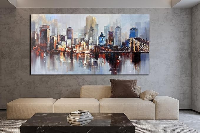Arjun Brooklyn Bridge Wall Art Modern New York City Abstract Canvas Cityscape Painting, NYC Skyline Textured Picture for Living Room Bedroom Home Office Wall Decor Extra Large Size Framed 58"x29"