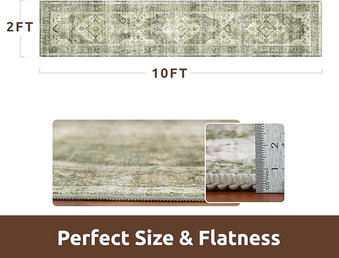 AMOAMI-2X10 Runner Rug-Washable Runners for Hallways-Soft Non Slip Bedside Rugs for Bedroom-Vintage Long Rug for Hallways Entryway Laundry Room Stair Kitchen Bathroom Green